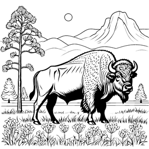 Kraftvoller Bison in Gebirgslandschaft Malbild für verträumte Bergkinder
