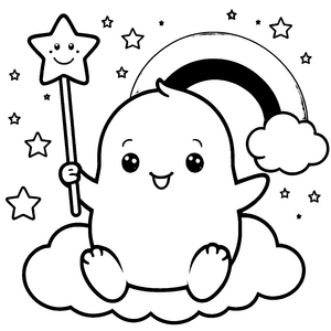 Magisches Kawaii-Geistwesen mit Zauberstab Malvorlage für kleine Wolkenputzer