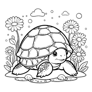 Fröhliche Kawaii-Schildkröte in Blumenwiese Ausmalvorlage für kreative Wiesenkinder