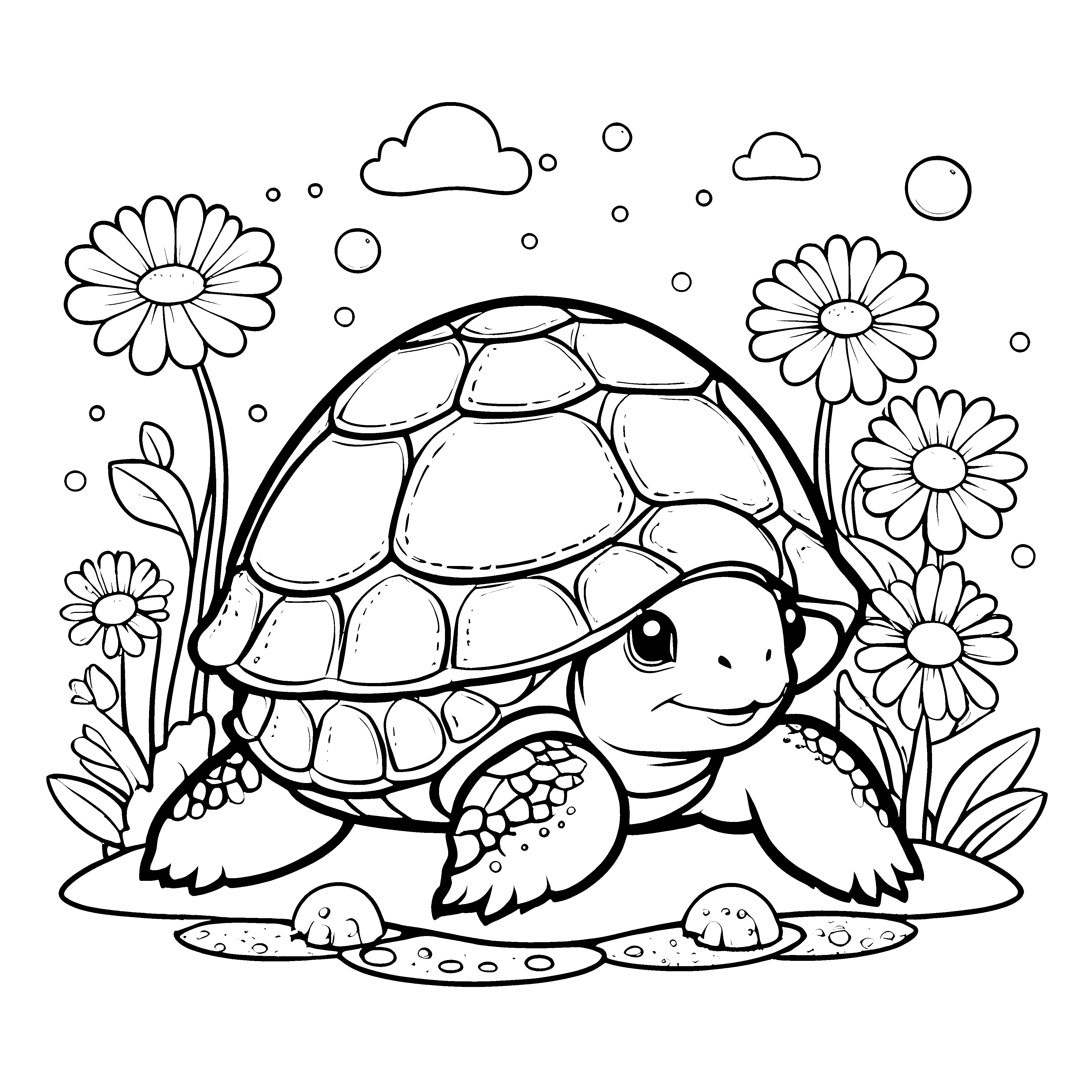 Fröhliche Kawaii-Schildkröte in Blumenwiese Ausmalvorlage für kreative Wiesenkinder