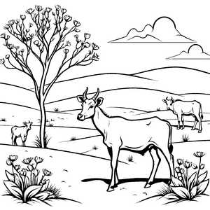 Friedliche Gnu-Jungtiere in hügeliger Landschaft Ausmalvorlage für verträumte Savannenreisende