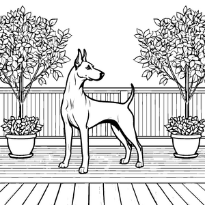 Edler Dobermann auf der Holzterrasse Bastelmotiv für Pflanzenfreunde