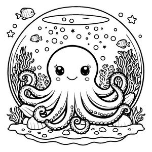 Verspielter Oktopus in Glasglocke Ausmalvorlage für kleine Meeresbewohner