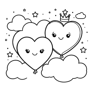 Magische Kawaii-Wolken mit Herzballons Ausmalbild für Träumer