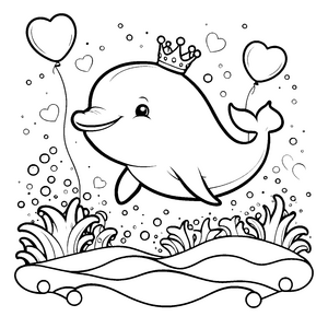 Prinzessinnliche Kawaii-Delfin mit Herzballons Malvorlage für kreative Meeresprinzessinnen