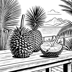 Exotische Durian mit Palmen Bastelvorlage für neugierige Urlaubsfreunde