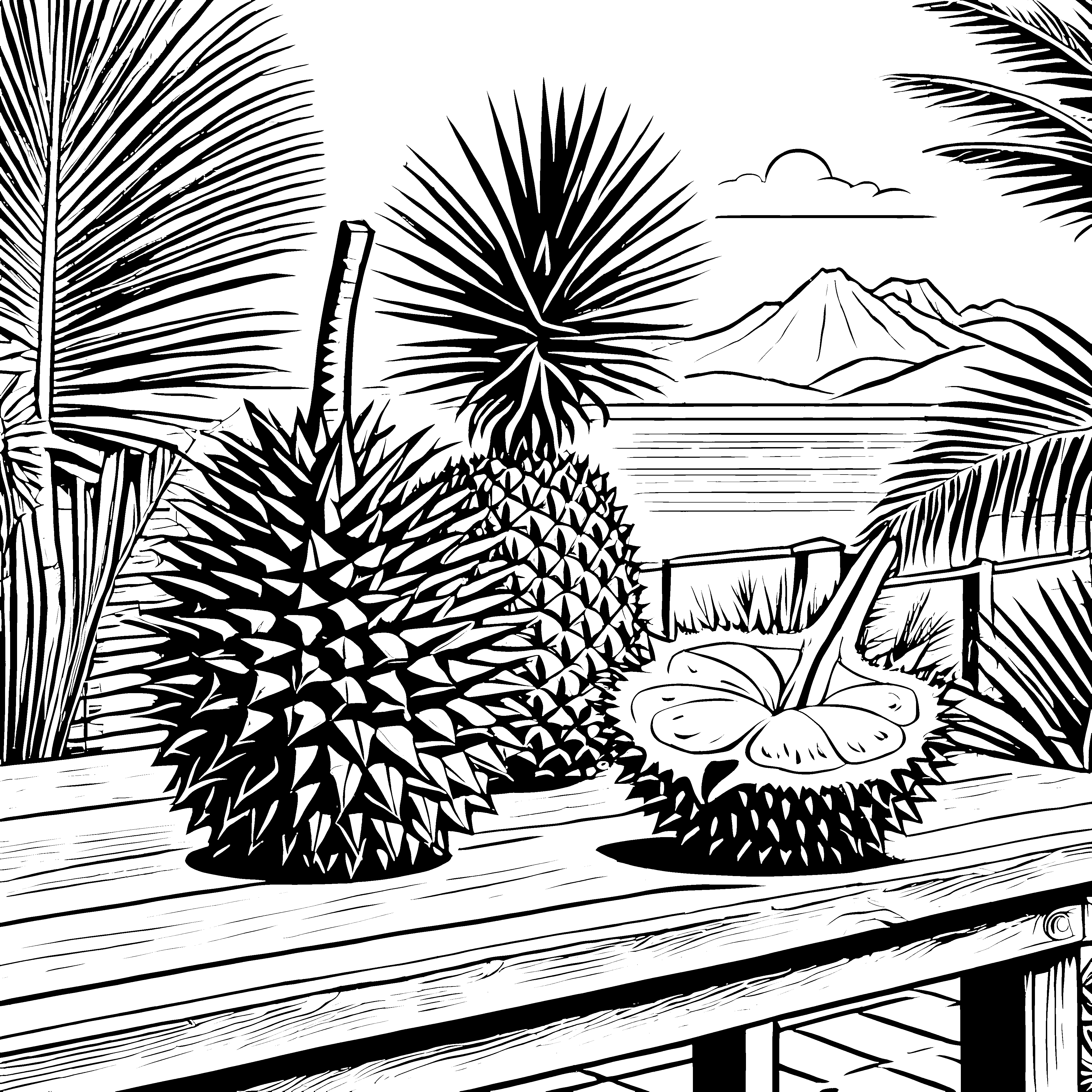 Exotische Durian mit Palmen Bastelvorlage für neugierige Urlaubsfreunde
