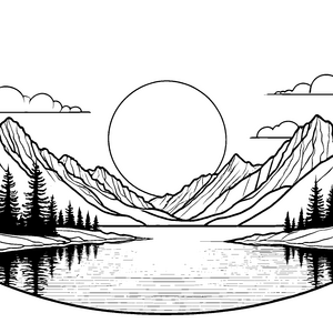 Magischer Sonnenuntergang über Bergsee Bastelmotiv für junge Naturfreunde