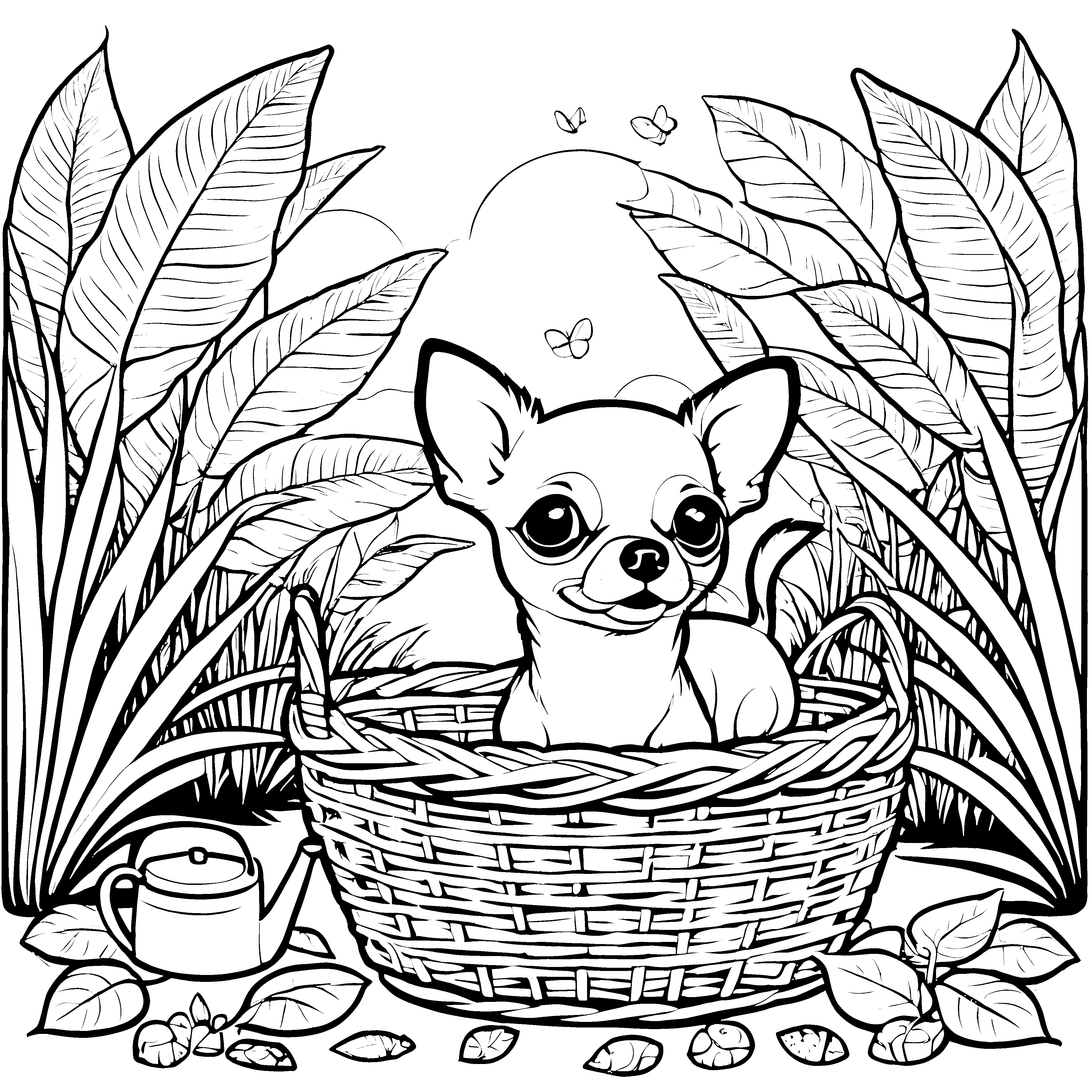 Verspielter Chihuahua im Korb Ausmalvorlage für Teeträumer