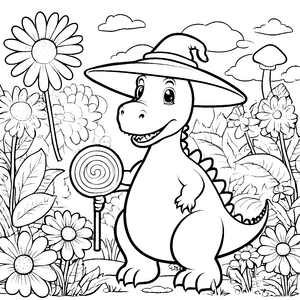 Verspielter Kawaii-Dinosaurier mit Hexenhut Malbild für neugierige Naturfreunde