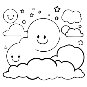 Heiteres Kawaii-Wolken-Lächeln mit Sternen Malvorlage für verträumte Himmelsreisefreunde