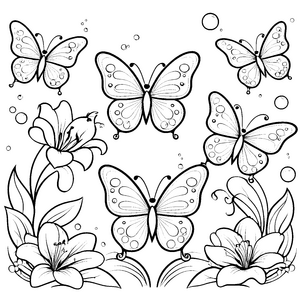 Verspielte Kawaii-Schmetterlinge bei Blumen Ausmalvorlage für verträumte Blütenkinder