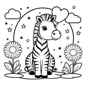Niedliches Kawaii-Zebra mit Blumen Ausmalbild für mutige Sternenfreunde