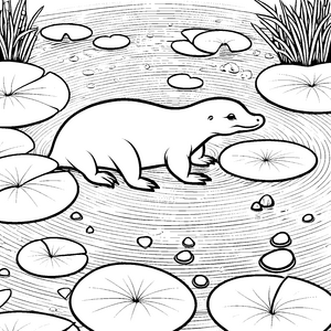 Sanftes Schnabeltierbaby auf Seerosen Bastelvorlage für neugierige Wasserwesen