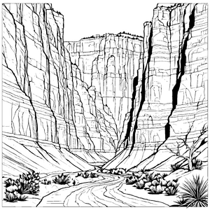 Spektakuläre Schlucht mit Flusslauf Malbild für Malfreude-Wüstenforscher