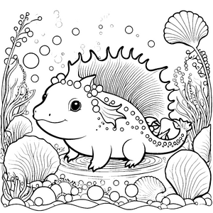 Verspieltes Kawaii Axolotl mit Meerespflanzen Malbild für Unterwasserfreunde