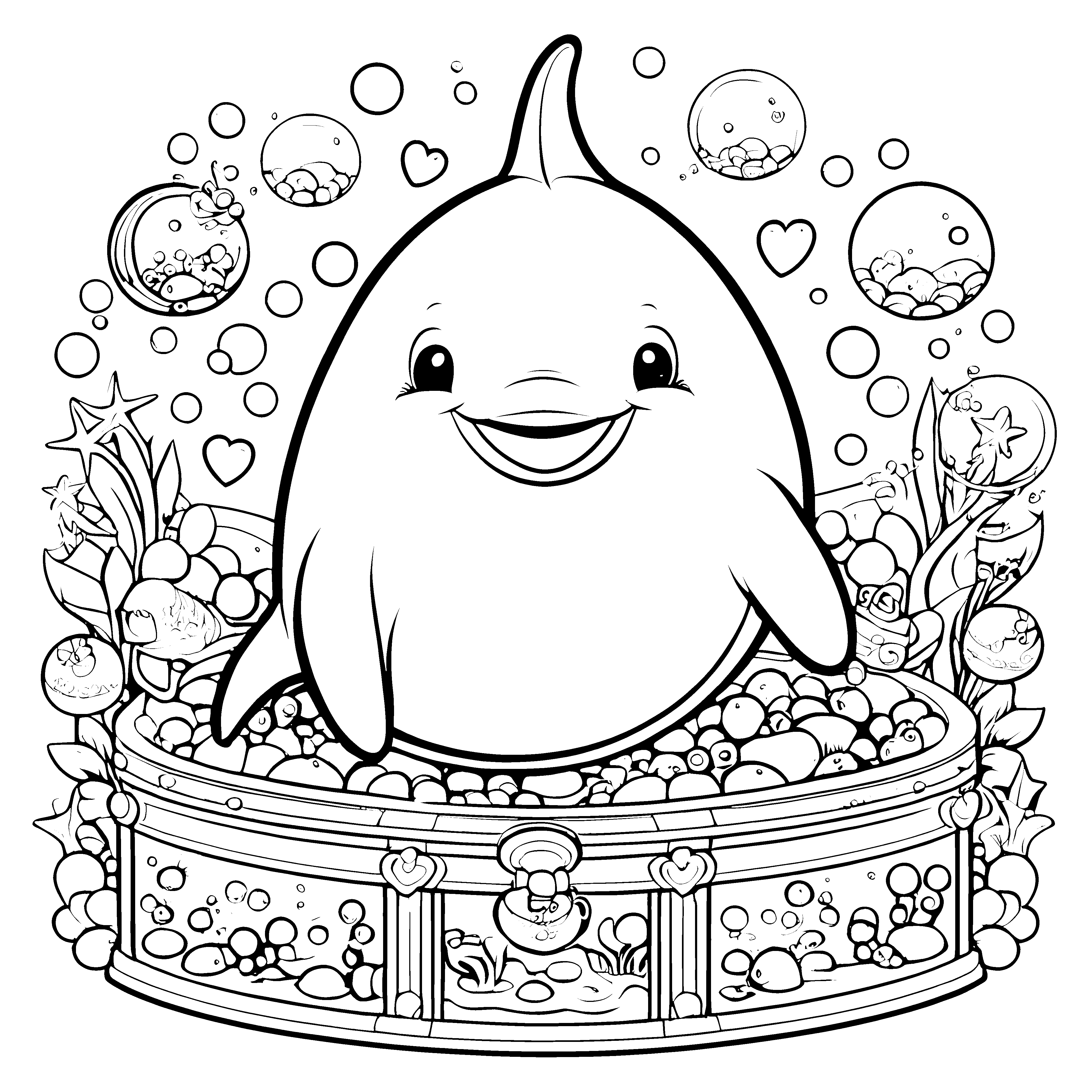 Fröhlicher Kawaii-Delfin im Schaumbad Malbild für mutige Badeliebhaber