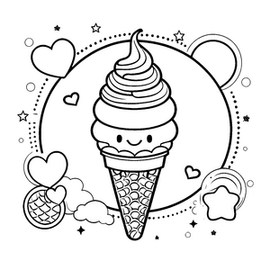Fröhliches Kawaii-Eis mit Herzen Ausmalbild für neugierige Süßigkeitenliebhaber