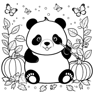 Herbstlicher Panda mit Kürbis Ausmalvorlage für kleine Naturfreunde