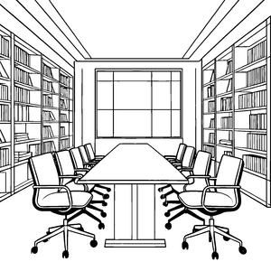 Beeindruckender Konferenztisch mit Bücherregalen Bastelvorlage für fröhliche Bibliothekare