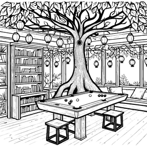 Gemütlicher Billardtisch unter dem Baum Malbild für Bücherwürmer