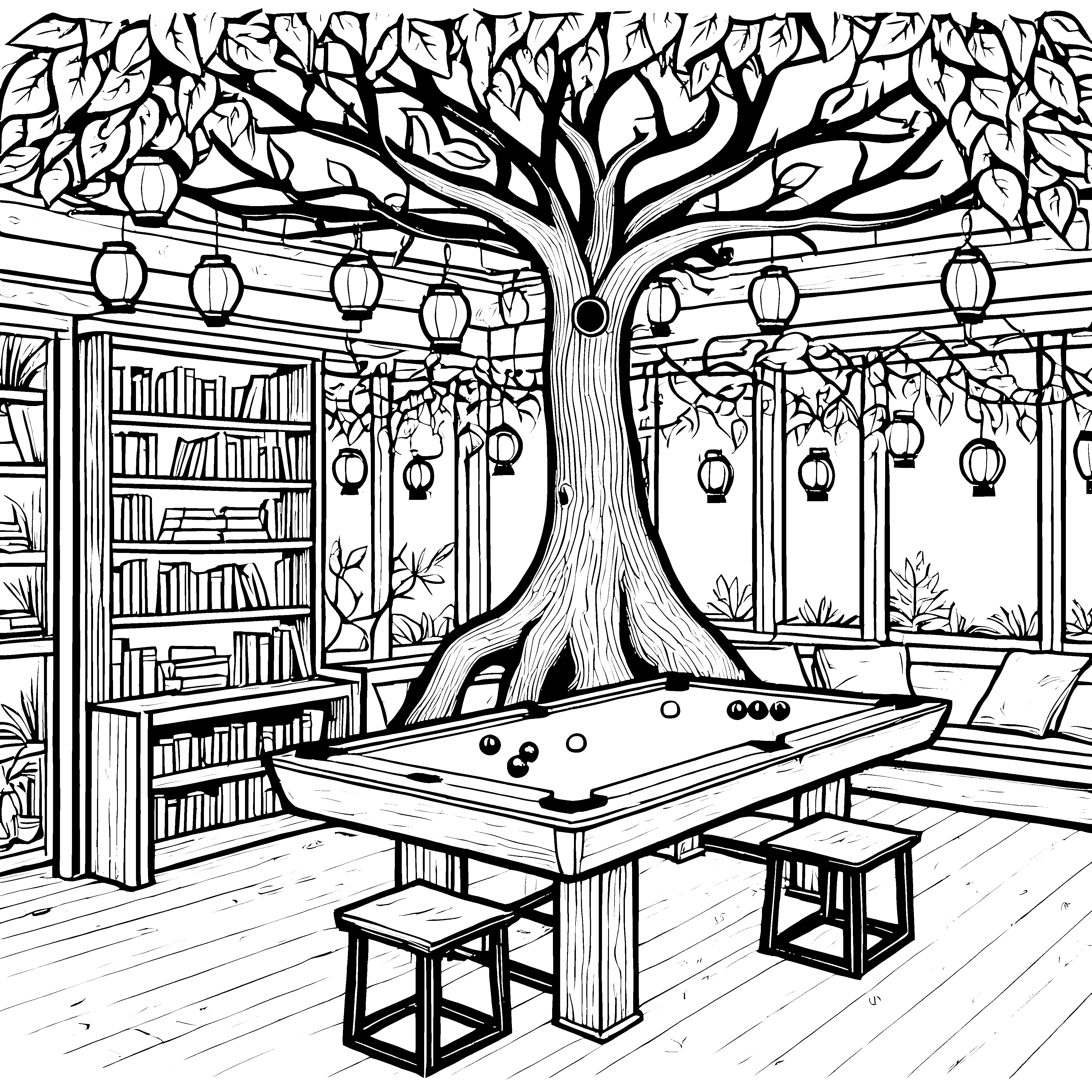 Gemütlicher Billardtisch unter dem Baum Malbild für Bücherwürmer