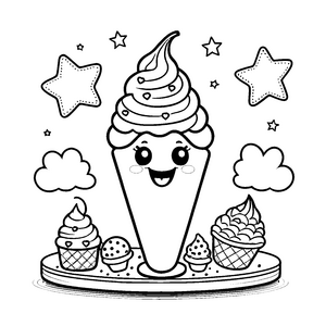 Strahlenfrohes Kawaii-Eis mit Wolken Ausmalbild für junge Waffelfreunde