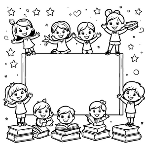 Verspielte Schulkinder mit Büchern Malbild für verträumte Lernfreunde