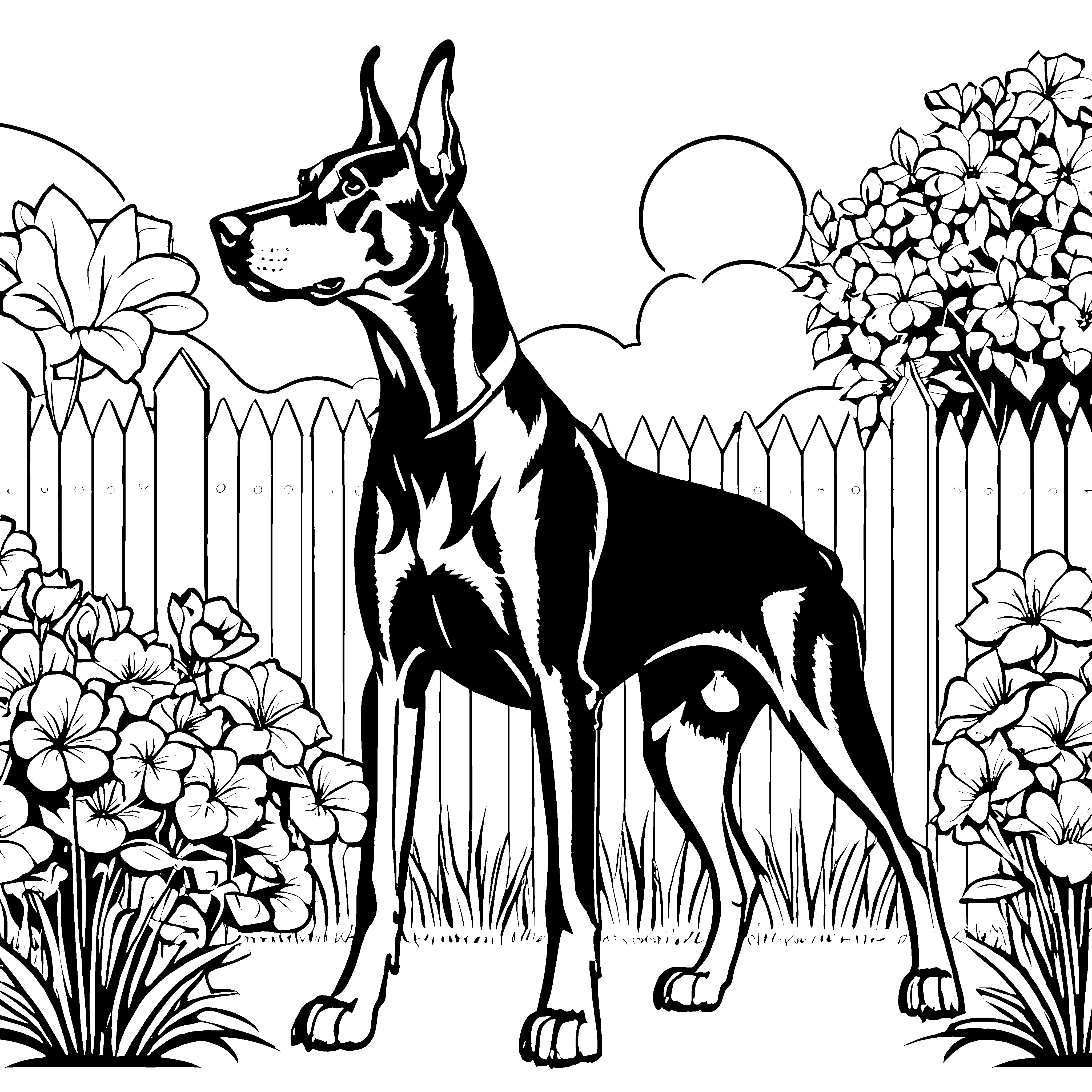 Aufmerksamer Dobermann im Blumenbeet Ausmalbild für kleine Gartenfreunde