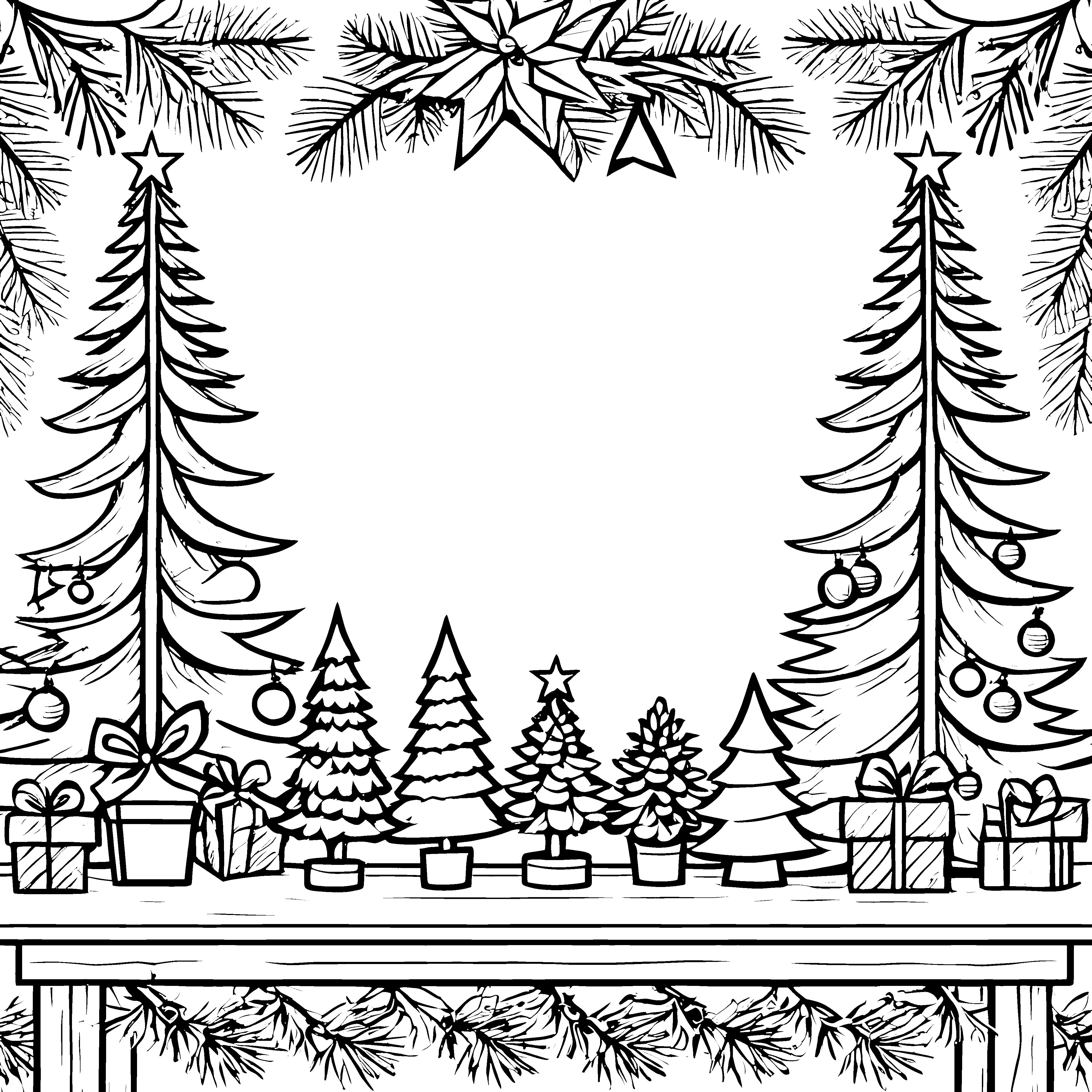 Prachtvolle Weihnachtsdekoration mit Geschenken Ausmalvorlage für kleine Winterzauberer
