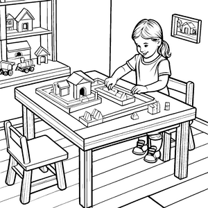 Gemütlicher Massivholztisch mit Spielzeughaus Ausmalbild für kleine Baumeister