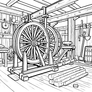 Historische Radmacher an Holzstämmen Ausmalvorlage für fröhliche Handwerker