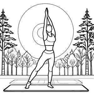 Harmonische Yoga-Pose vor Waldsonne Ausmalbild für kleine Naturfreunde