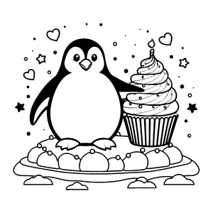 Süßer Kawaii-Pinguin mit Cupcake-Ausmalvorlage für neugierige Naschfreunde