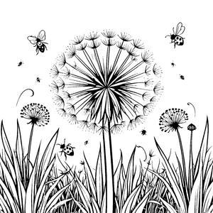 Detailreiche Pusteblumen mit Bienen Ausmalbild für kreative Insektenfreunde
