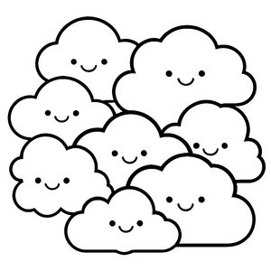 Fröhliche Kawaii-Wolken-Gruppe Bastelmotiv für neugierige Himmelsbewohner