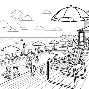 Wachsamer Bademeister an Liegestühlen Ausmalbild für kreative Strandkinder