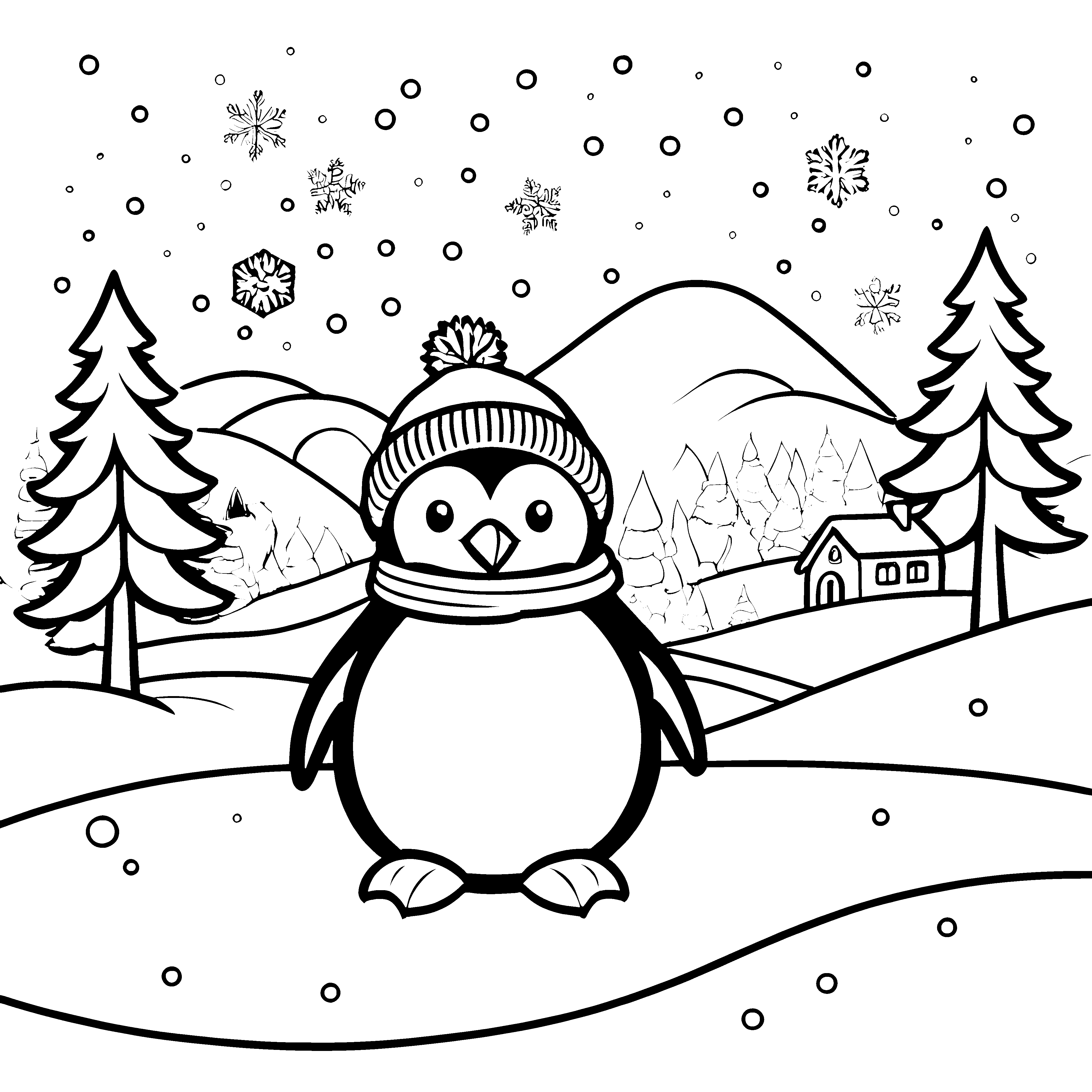 Niedlicher Pinguin mit Strickmütze Ausmalbild für junge Schneeflockenfreunde