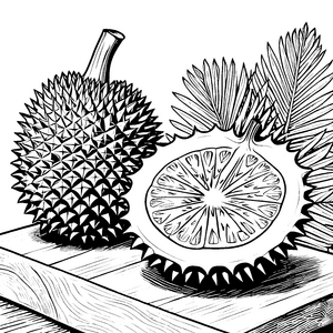 Stachelige Duriane mit Palmwedeln Ausmalbild für verträumte Tropenliebhaber