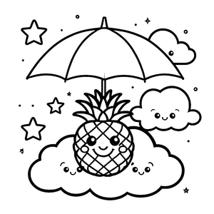 Verspielte Kawaii-Ananas mit Regenschirm Bastelvorlage für junge Himmelsfreunde