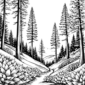 Mystische Fichten mit Waldweg Ausmalbild für verträumte Naturkinder