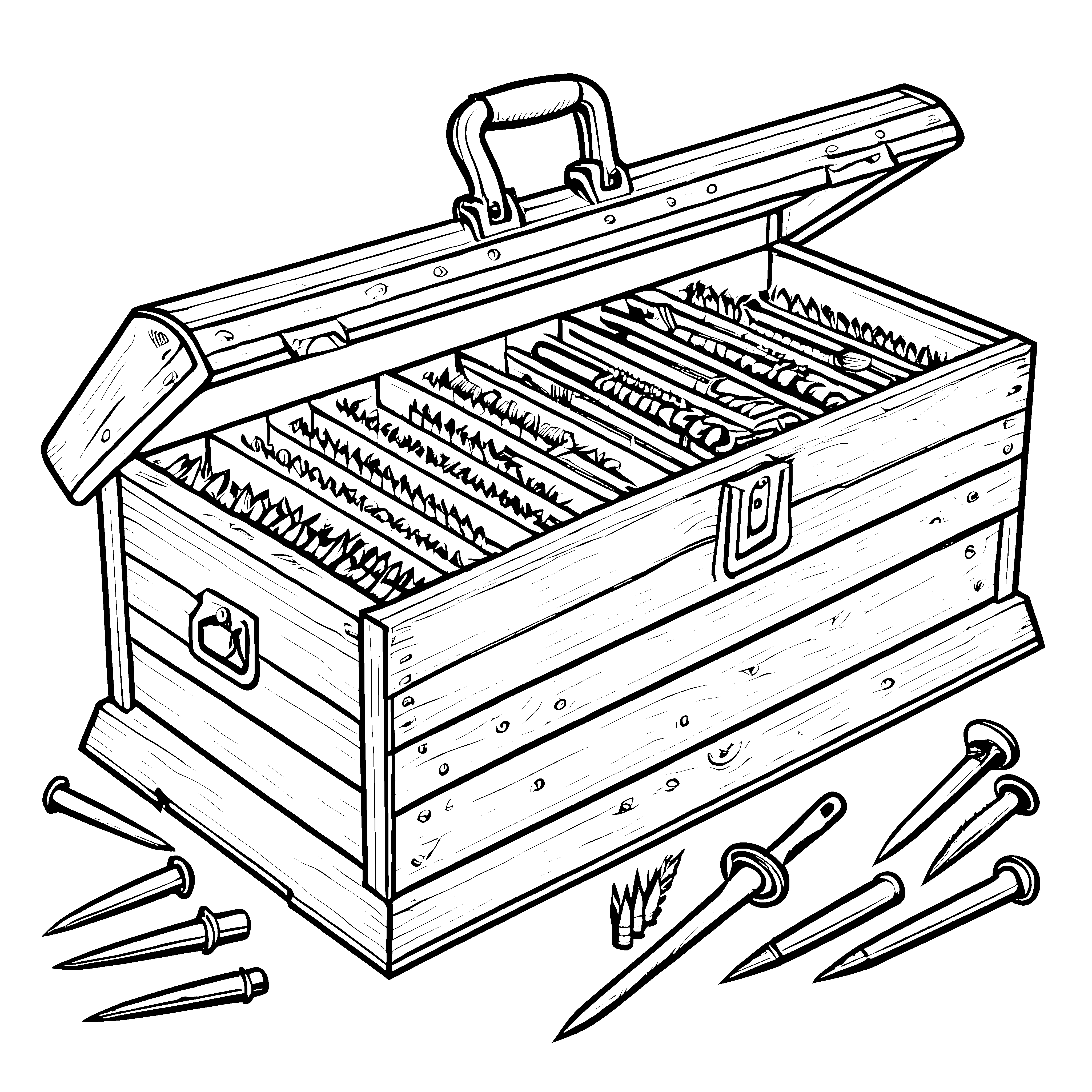Vielfältige Nägel in der Holzkiste Ausmalvorlage für kleine Heimwerker