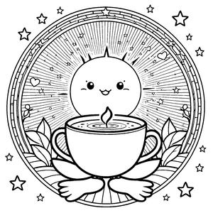 Gemütliche Kawaii-Sonne mit Teetasse Ausmalbild für neugierige Teezeitfreunde