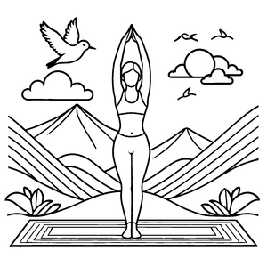 Sanfte Yoga-Pose mit Vögeln Malvorlage für verträumte Himmelsfreunde