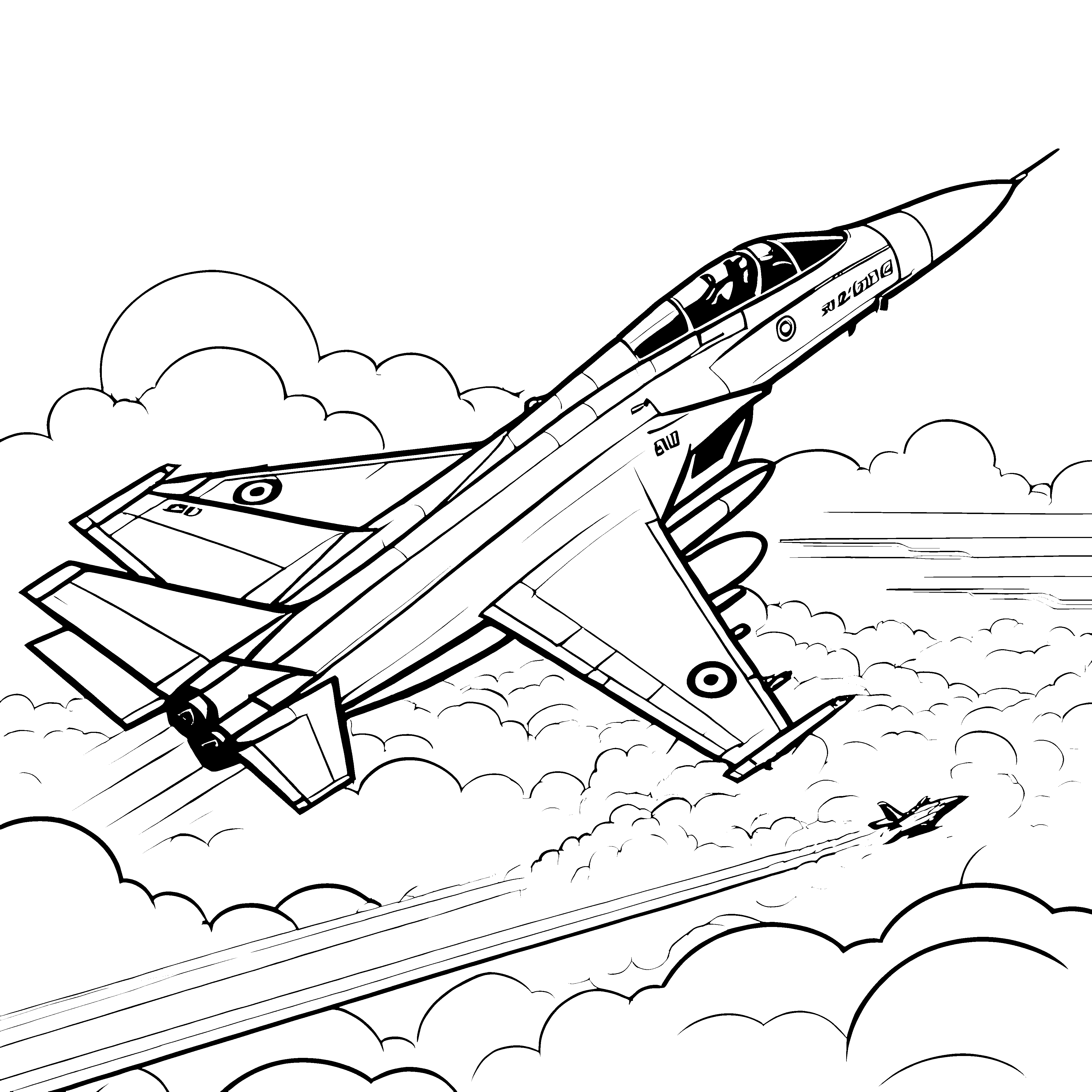 Dynamischer Kampfjet über Wolken Malvorlage für kleine Himmelsfreunde
