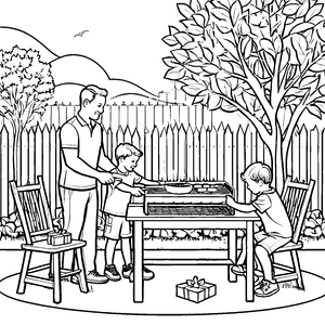 Fröhliches Grillfest mit Geschenken Malvorlage für Grillmeister