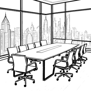 Moderner Konferenztisch mit Skyline Ausmalvorlage für mutige Büroprofis