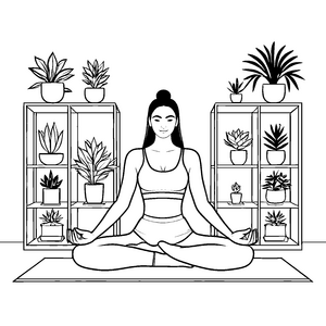 Entspannte Yoga-Pose mit Pflanzenregalen Bastelvorlage für kleine Pflanzenfans