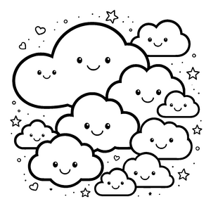 Niedliche Kawaii-Wolken mit Herzen Malvorlage für neugierige Himmelsbewohner