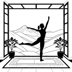 Dynamische Yoga-Pose vor Vulkan Ausmalvorlage für malfreudige Bergforscher